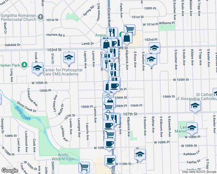 map of restaurants, bars, coffee shops, grocery stores, and more near 4817 West 105th Street in Oak Lawn