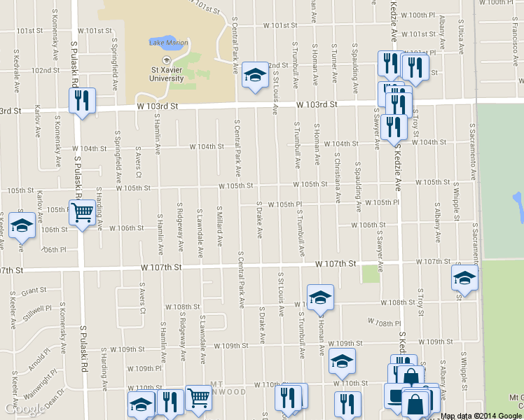 map of restaurants, bars, coffee shops, grocery stores, and more near 3525 West 105th Place in Chicago
