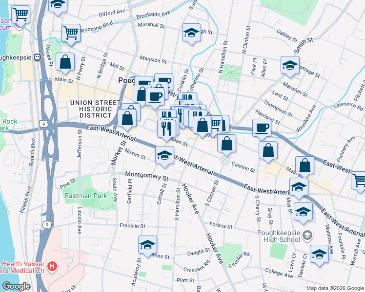 map of restaurants, bars, coffee shops, grocery stores, and more near 98 Cannon Street in Poughkeepsie