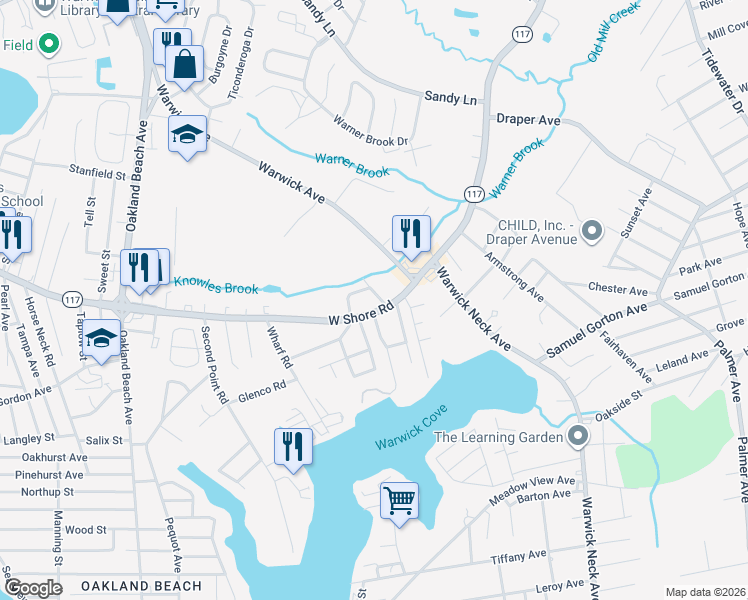 map of restaurants, bars, coffee shops, grocery stores, and more near 24 Churubusco Drive in Warwick