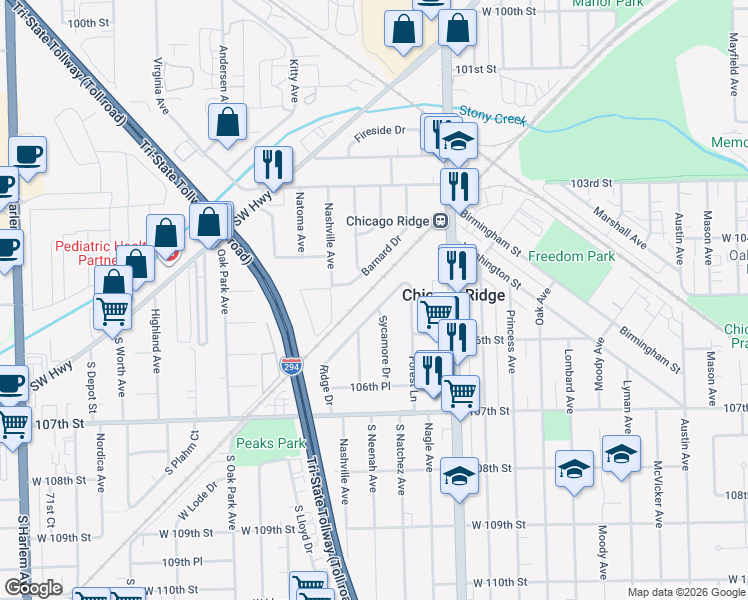 map of restaurants, bars, coffee shops, grocery stores, and more near 10421 Barnard Drive in Chicago Ridge