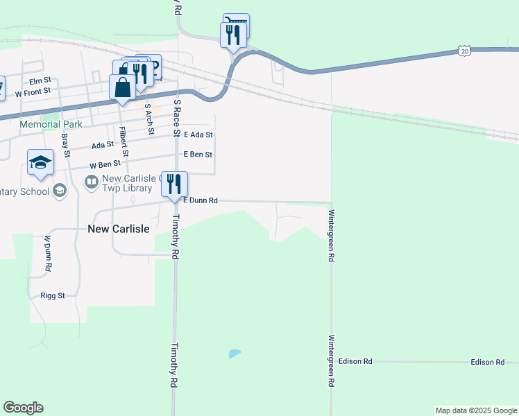 map of restaurants, bars, coffee shops, grocery stores, and more near 32700 East Dunn Road in New Carlisle