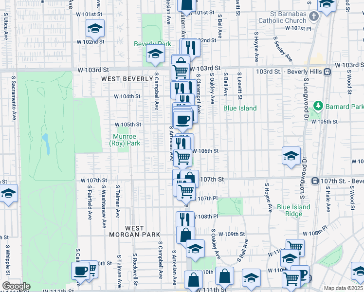 map of restaurants, bars, coffee shops, grocery stores, and more near 10548 South Western Avenue in Chicago