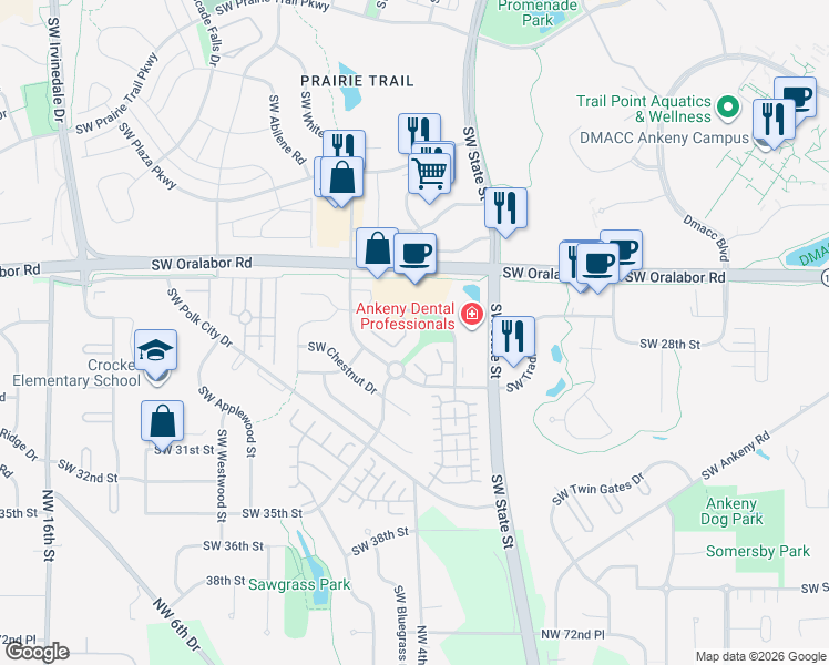 map of restaurants, bars, coffee shops, grocery stores, and more near 1805 Southwest White Birch Circle in Ankeny