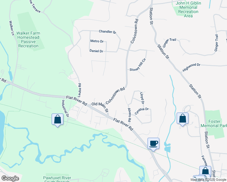 map of restaurants, bars, coffee shops, grocery stores, and more near 12 Colvintown Road in Coventry