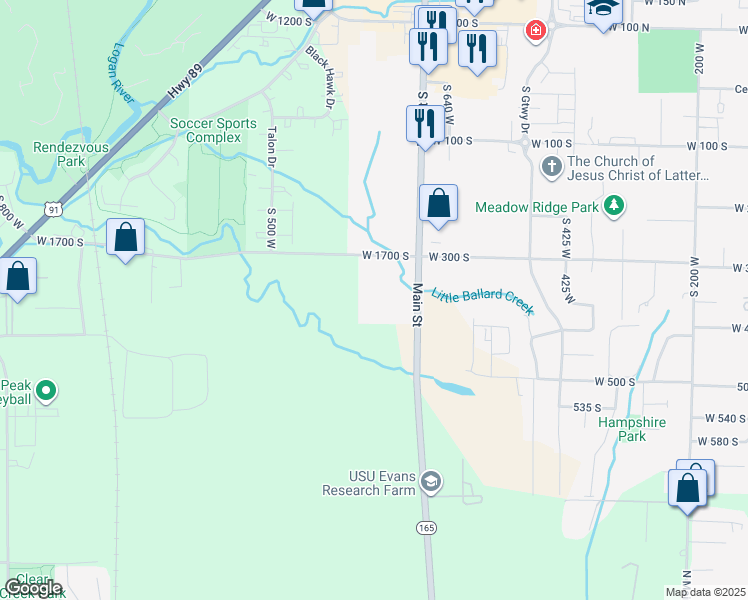 map of restaurants, bars, coffee shops, grocery stores, and more near 1761 Main Street in Logan