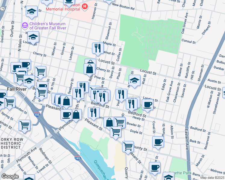 map of restaurants, bars, coffee shops, grocery stores, and more near 133 Davis Street in Fall River
