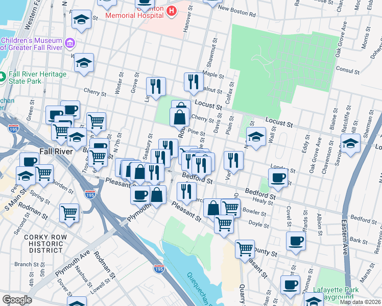 map of restaurants, bars, coffee shops, grocery stores, and more near 120 Orange Street in Fall River