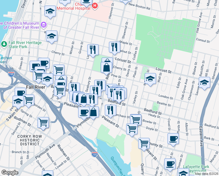 map of restaurants, bars, coffee shops, grocery stores, and more near 99 Robeson Street in Fall River