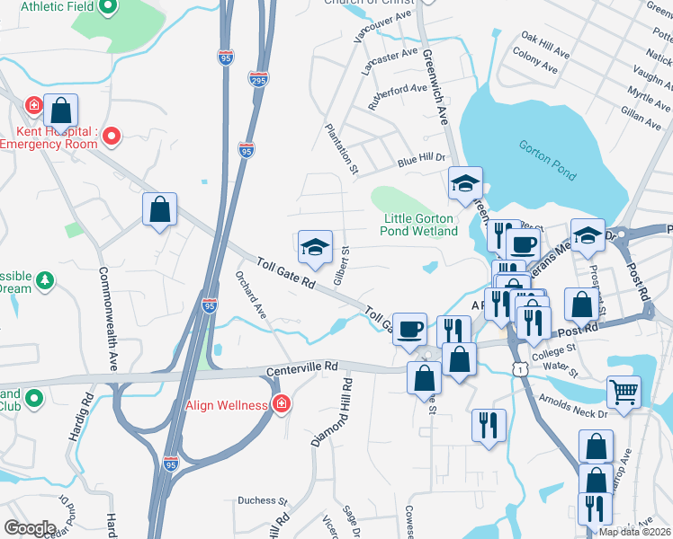 map of restaurants, bars, coffee shops, grocery stores, and more near 189 Toll Gate Road in Warwick
