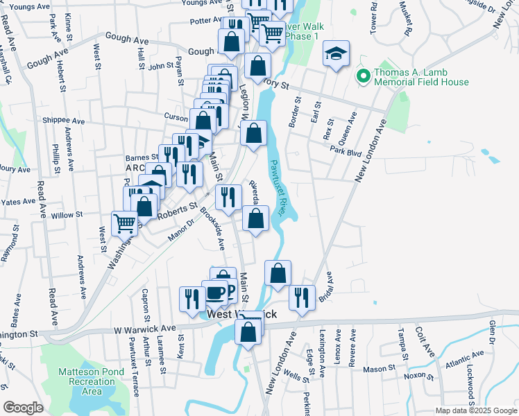 map of restaurants, bars, coffee shops, grocery stores, and more near 31 Riverdale Avenue in West Warwick