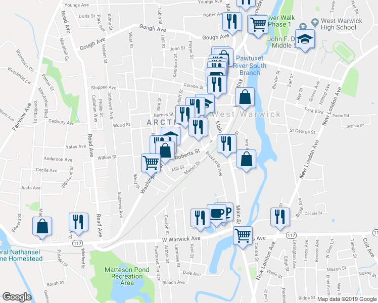 map of restaurants, bars, coffee shops, grocery stores, and more near 28 Roosevelt Street in West Warwick