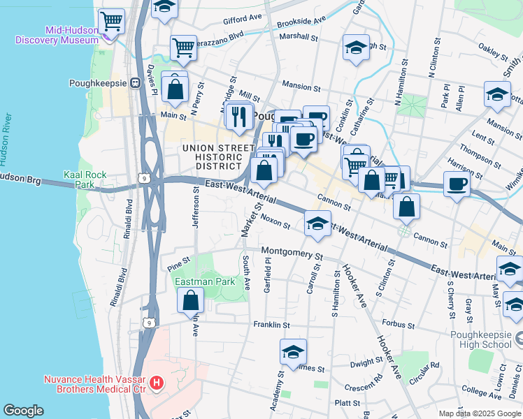 map of restaurants, bars, coffee shops, grocery stores, and more near 72 Market Street in Poughkeepsie