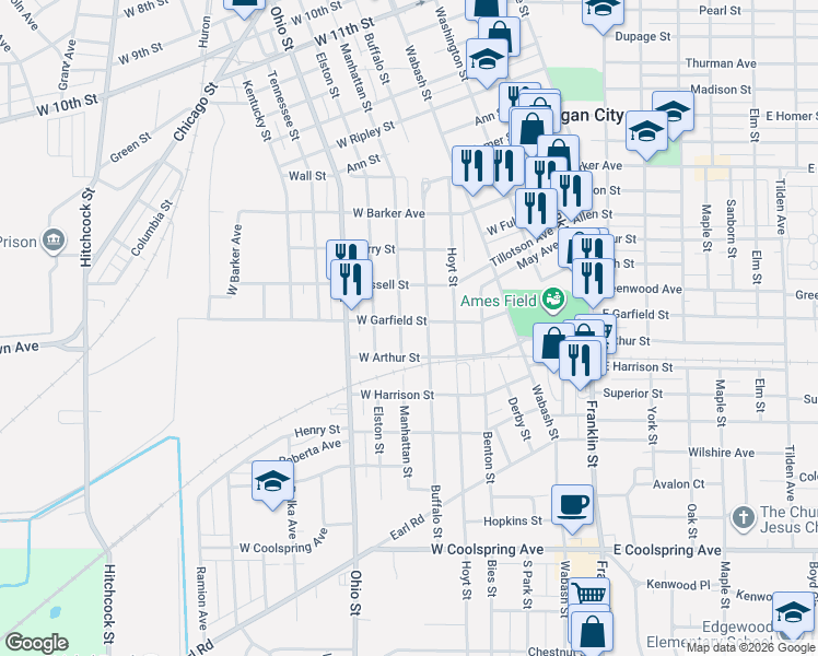 map of restaurants, bars, coffee shops, grocery stores, and more near 601-699 West Garfield Street in Michigan City