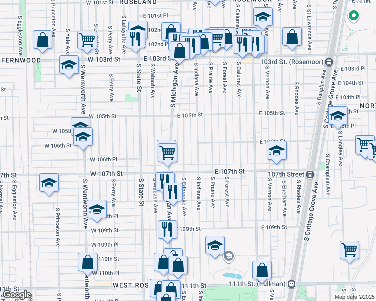 map of restaurants, bars, coffee shops, grocery stores, and more near 10609 South Edbrooke Avenue in Chicago