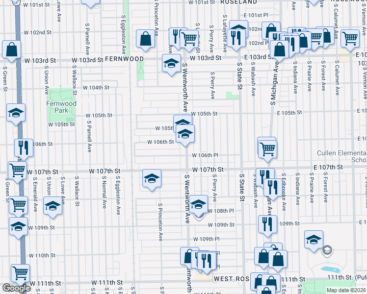 map of restaurants, bars, coffee shops, grocery stores, and more near 10600 South Wentworth Avenue in Chicago