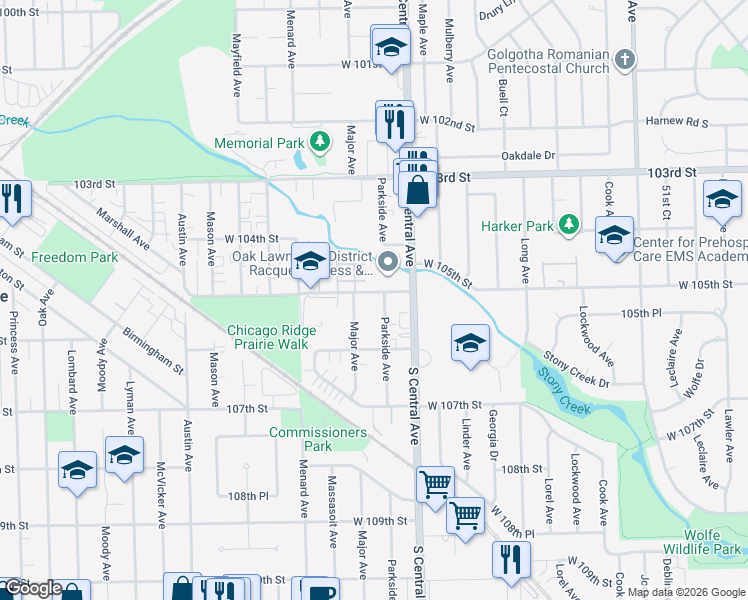 map of restaurants, bars, coffee shops, grocery stores, and more near 5636 West 105th Street in Oak Lawn