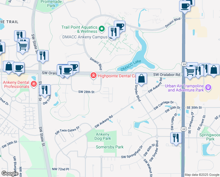 map of restaurants, bars, coffee shops, grocery stores, and more near 807 Southwest 28th Street in Ankeny