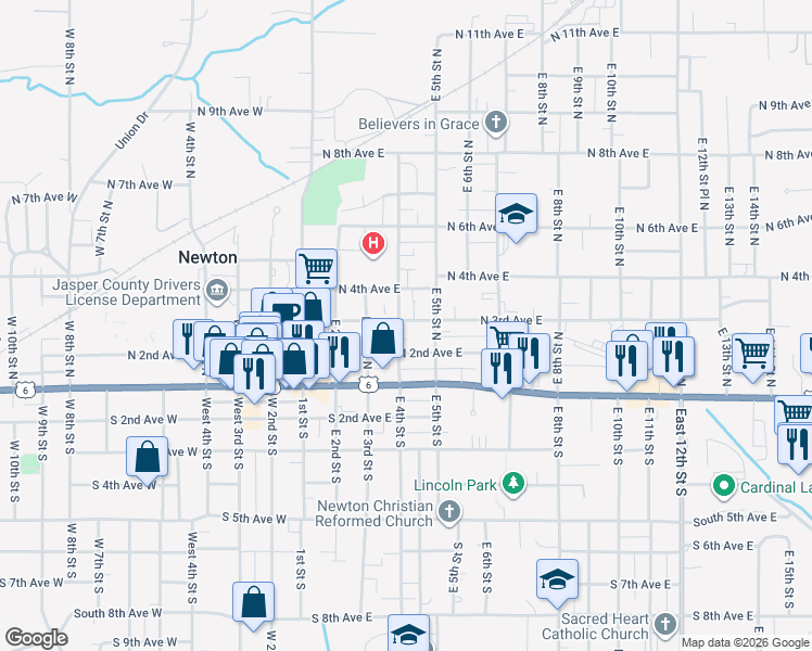 map of restaurants, bars, coffee shops, grocery stores, and more near 222 East 4th Street North in Newton
