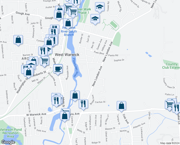 map of restaurants, bars, coffee shops, grocery stores, and more near 27 Earl Street in West Warwick