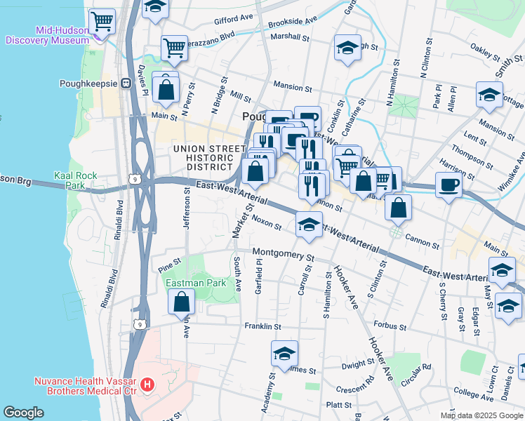 map of restaurants, bars, coffee shops, grocery stores, and more near 176 Church Street in Poughkeepsie