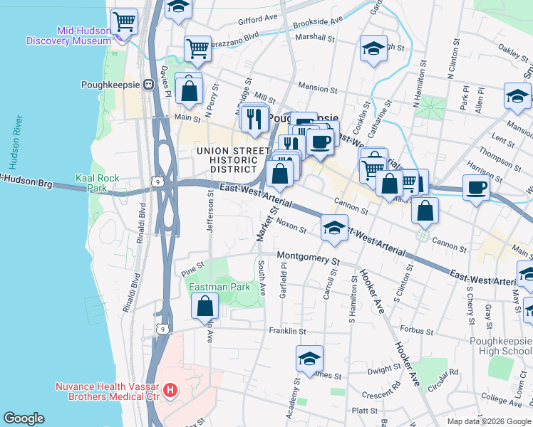 map of restaurants, bars, coffee shops, grocery stores, and more near 88 Market Street in Poughkeepsie
