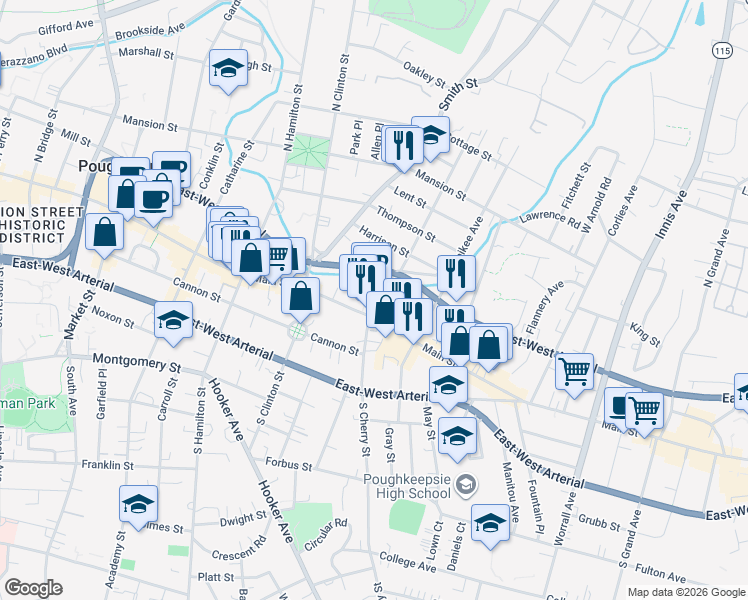 map of restaurants, bars, coffee shops, grocery stores, and more near 6 North Cherry Street in Poughkeepsie
