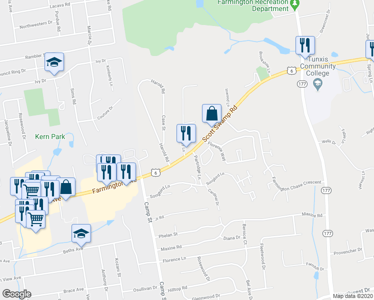 map of restaurants, bars, coffee shops, grocery stores, and more near 372 Scott Swamp Road in Farmington