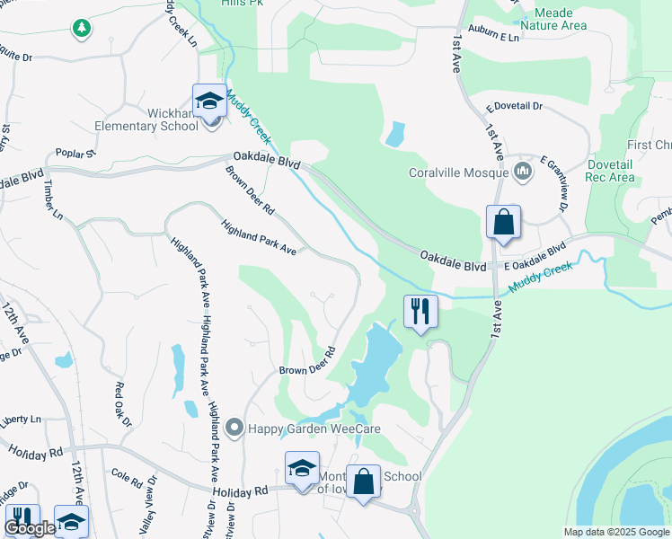 map of restaurants, bars, coffee shops, grocery stores, and more near 2040 Brown Deer Road in Coralville