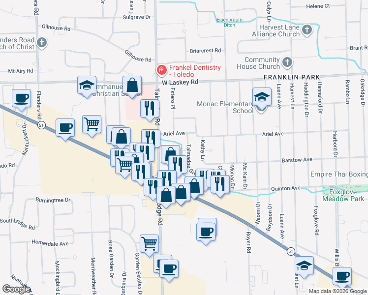 map of restaurants, bars, coffee shops, grocery stores, and more near 4651 Talmadge Green Road in Toledo