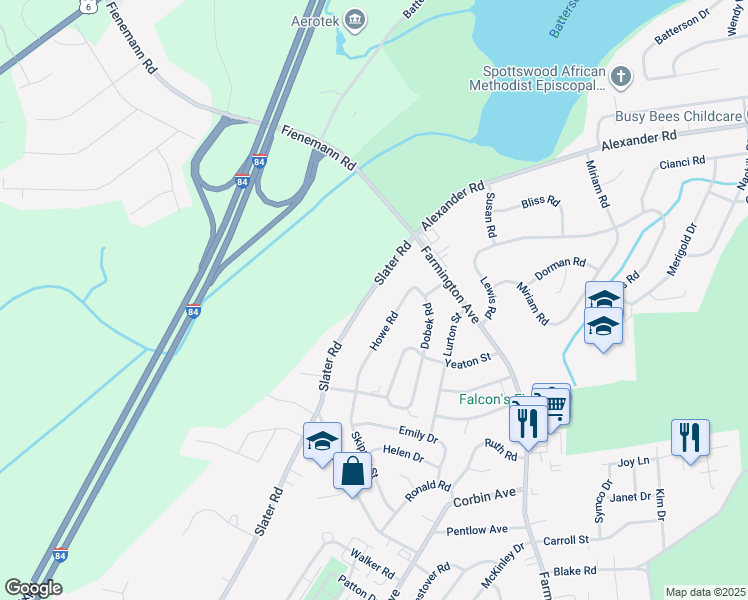map of restaurants, bars, coffee shops, grocery stores, and more near 1351 Slater Road in New Britain