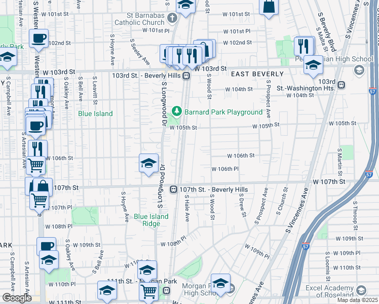 map of restaurants, bars, coffee shops, grocery stores, and more near 10557 South Hale Avenue in Chicago
