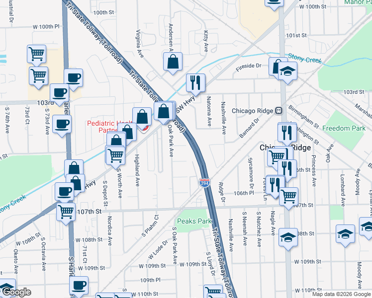 map of restaurants, bars, coffee shops, grocery stores, and more near 6731 104th Place in Chicago Ridge