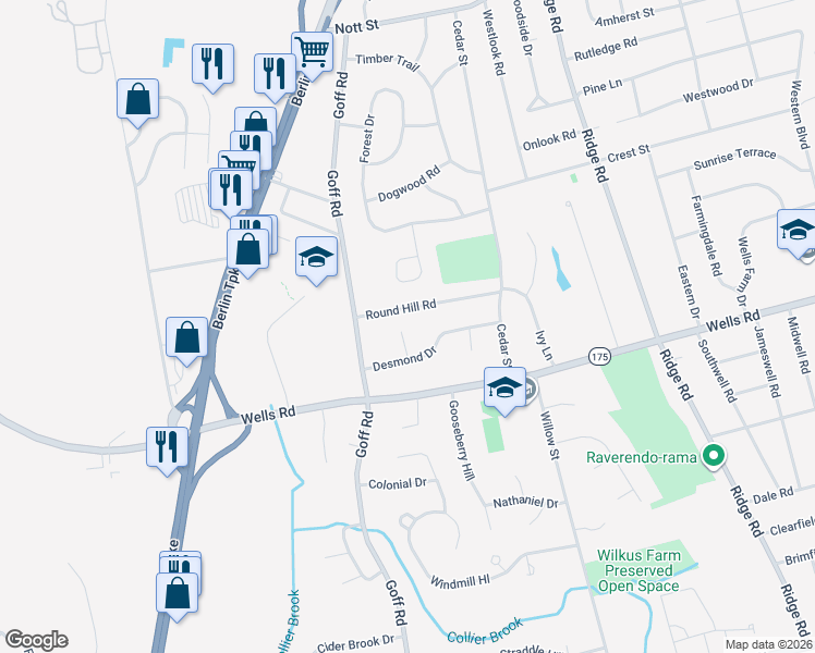 map of restaurants, bars, coffee shops, grocery stores, and more near 21 Penwood Lane in Wethersfield