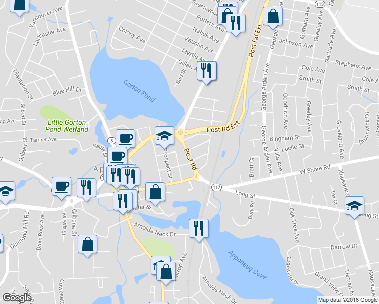 map of restaurants, bars, coffee shops, grocery stores, and more near 3086 Post Road in Warwick
