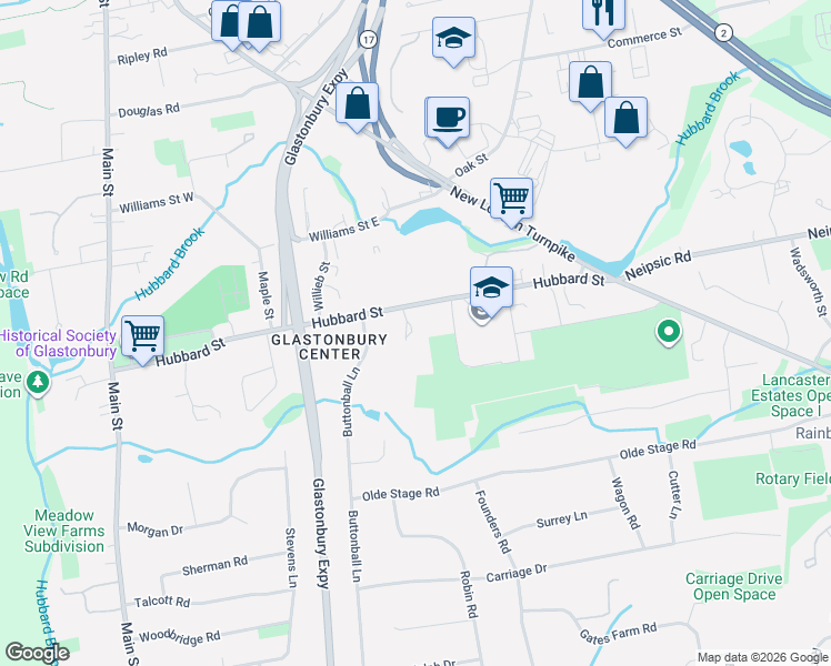 map of restaurants, bars, coffee shops, grocery stores, and more near 276 Hubbard Street in Glastonbury
