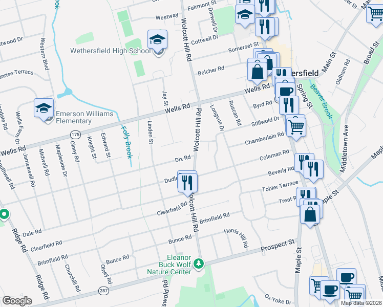 map of restaurants, bars, coffee shops, grocery stores, and more near 40 Bermuda Road in Wethersfield