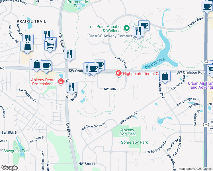 map of restaurants, bars, coffee shops, grocery stores, and more near 1210 Southwest 28th Street in Ankeny
