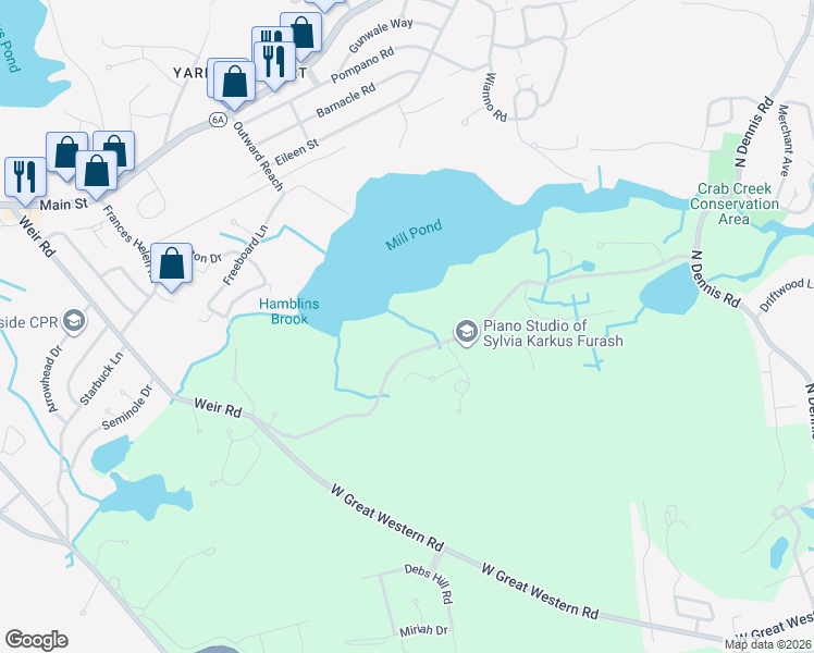 map of restaurants, bars, coffee shops, grocery stores, and more near 280 Weir Road in Yarmouth