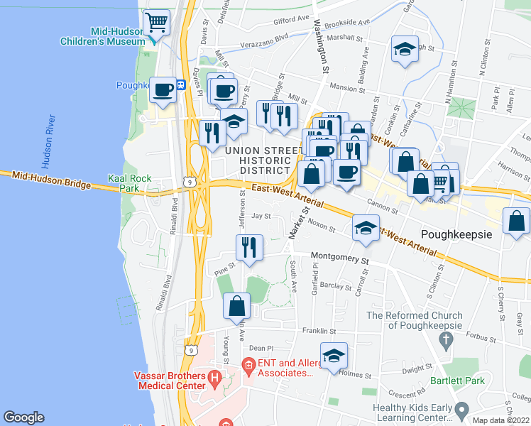 map of restaurants, bars, coffee shops, grocery stores, and more near 45 Williams Street in Poughkeepsie