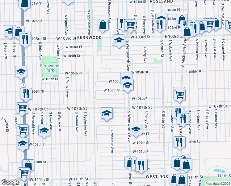 map of restaurants, bars, coffee shops, grocery stores, and more near 247 West 106th Street in Chicago