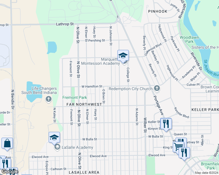 map of restaurants, bars, coffee shops, grocery stores, and more near 1873 North Johnson Street in South Bend
