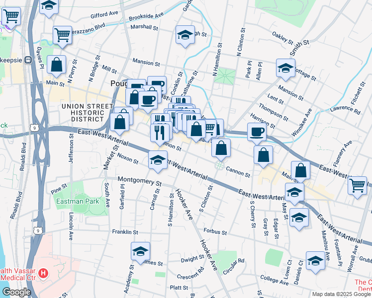 map of restaurants, bars, coffee shops, grocery stores, and more near 105 Cannon Street in Poughkeepsie