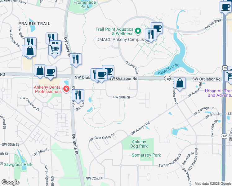 map of restaurants, bars, coffee shops, grocery stores, and more near 1210 Southwest 28th Street in Ankeny