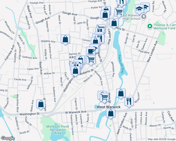 map of restaurants, bars, coffee shops, grocery stores, and more near 28 Roosevelt Street in West Warwick