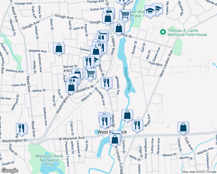map of restaurants, bars, coffee shops, grocery stores, and more near 1342 Main Street in West Warwick