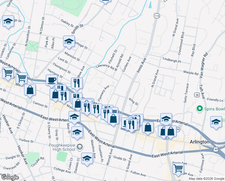 map of restaurants, bars, coffee shops, grocery stores, and more near 52 Corlies Avenue in Poughkeepsie