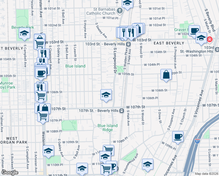 map of restaurants, bars, coffee shops, grocery stores, and more near 10552 S Longwood Dr in Chicago