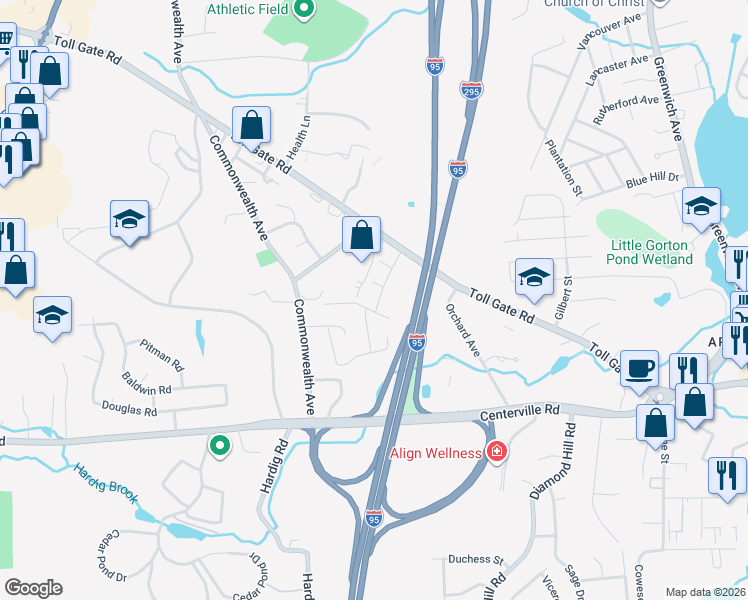 map of restaurants, bars, coffee shops, grocery stores, and more near 73 Craig Road in Warwick