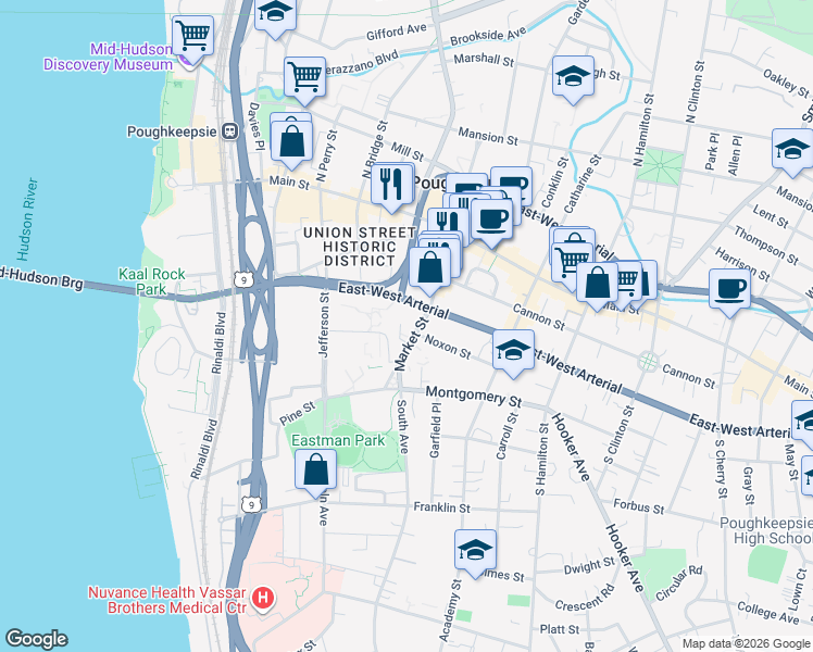 map of restaurants, bars, coffee shops, grocery stores, and more near 88 Market Street in Poughkeepsie
